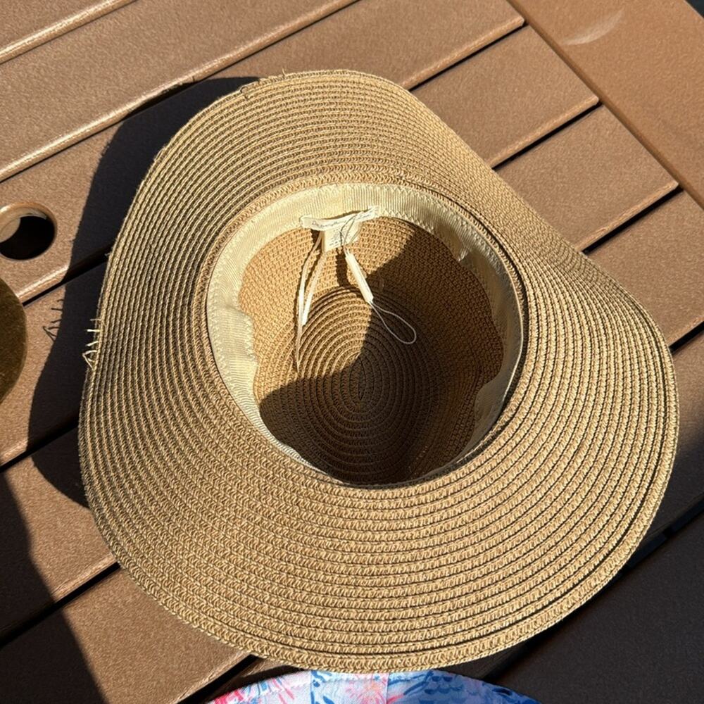 Paper Sun Hat Tan with Orange Band Adjustable - Picture 3 of 4